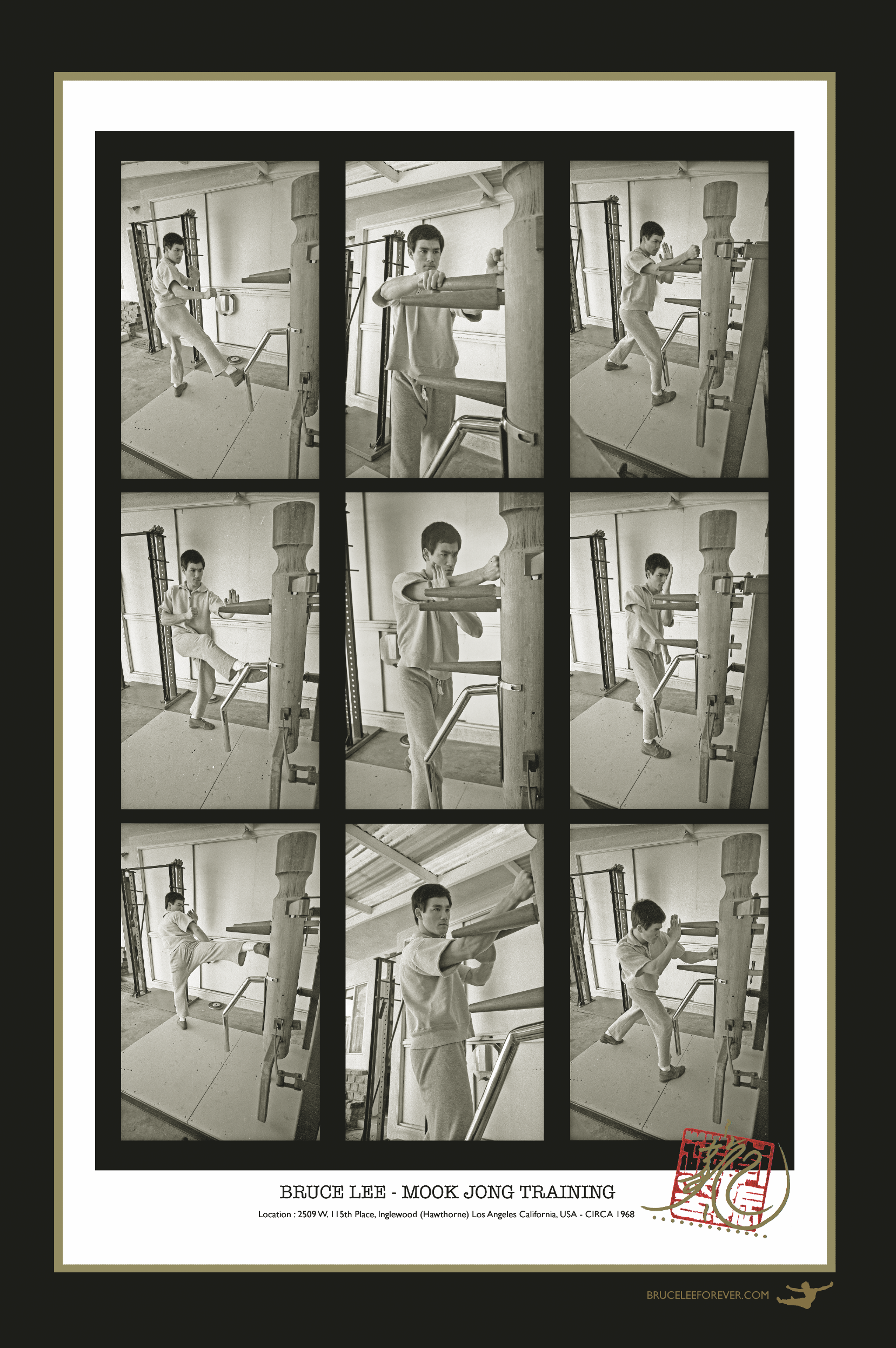BRUCE LEE - MOOK JONG TRAINING  1968 LIMITED EDITION 24″x36″ CURATED PHOTO ART STOCK POSTER