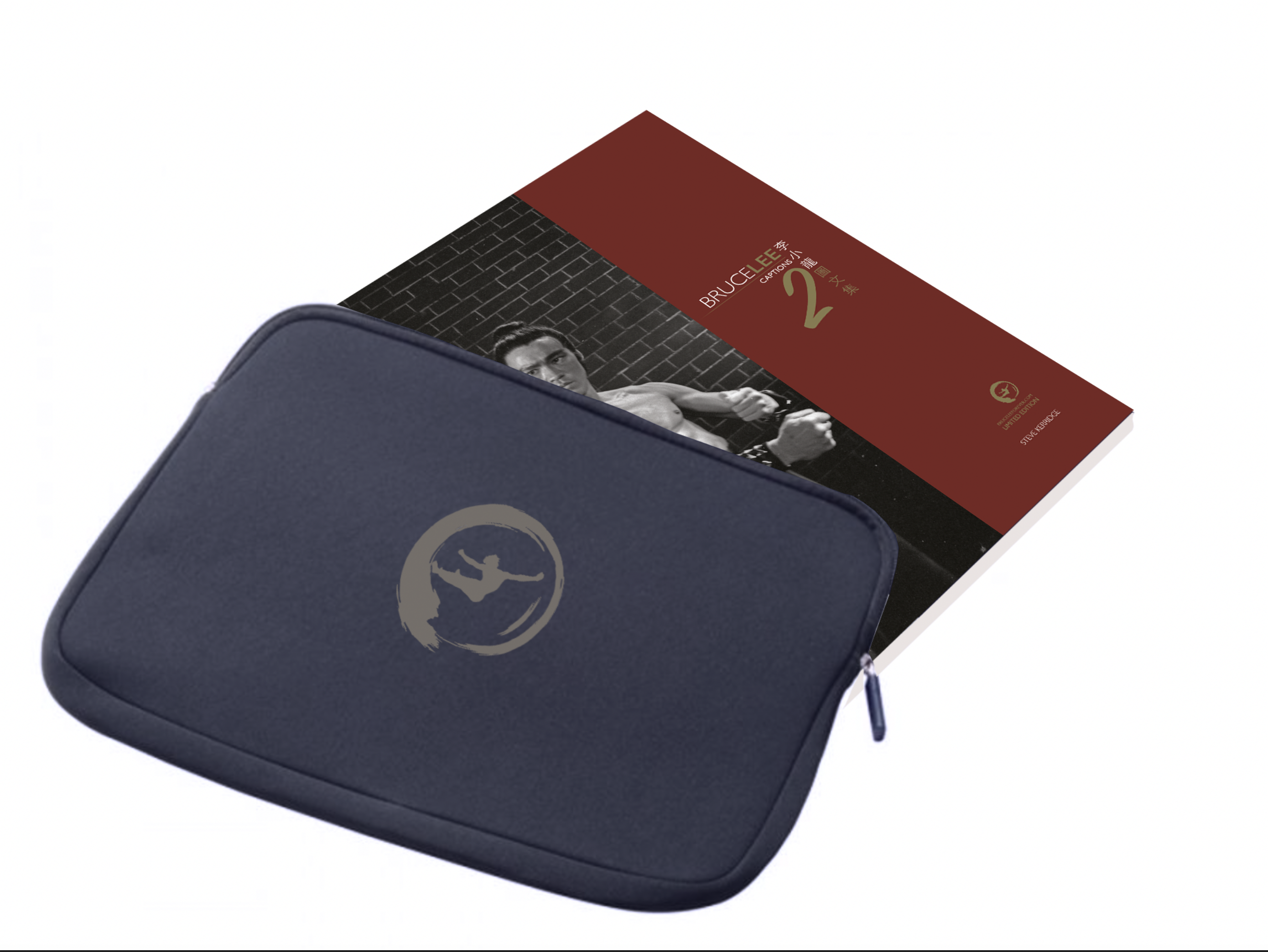 BRUCE LEE: CAPTIONS 2 李 小 龍 圖文集 'Classic LayFlat' BOOK - with black neoprene case with gold leaf emblem. Bonus: A 10x8 glossy photo of Bruce Lee in warrior outfit from the original 35mm negative source in an acid-free frame mount